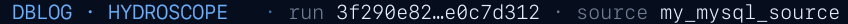 Title bar: DBLOG · HYDROSCOPE, run id (first 13 chars), source id